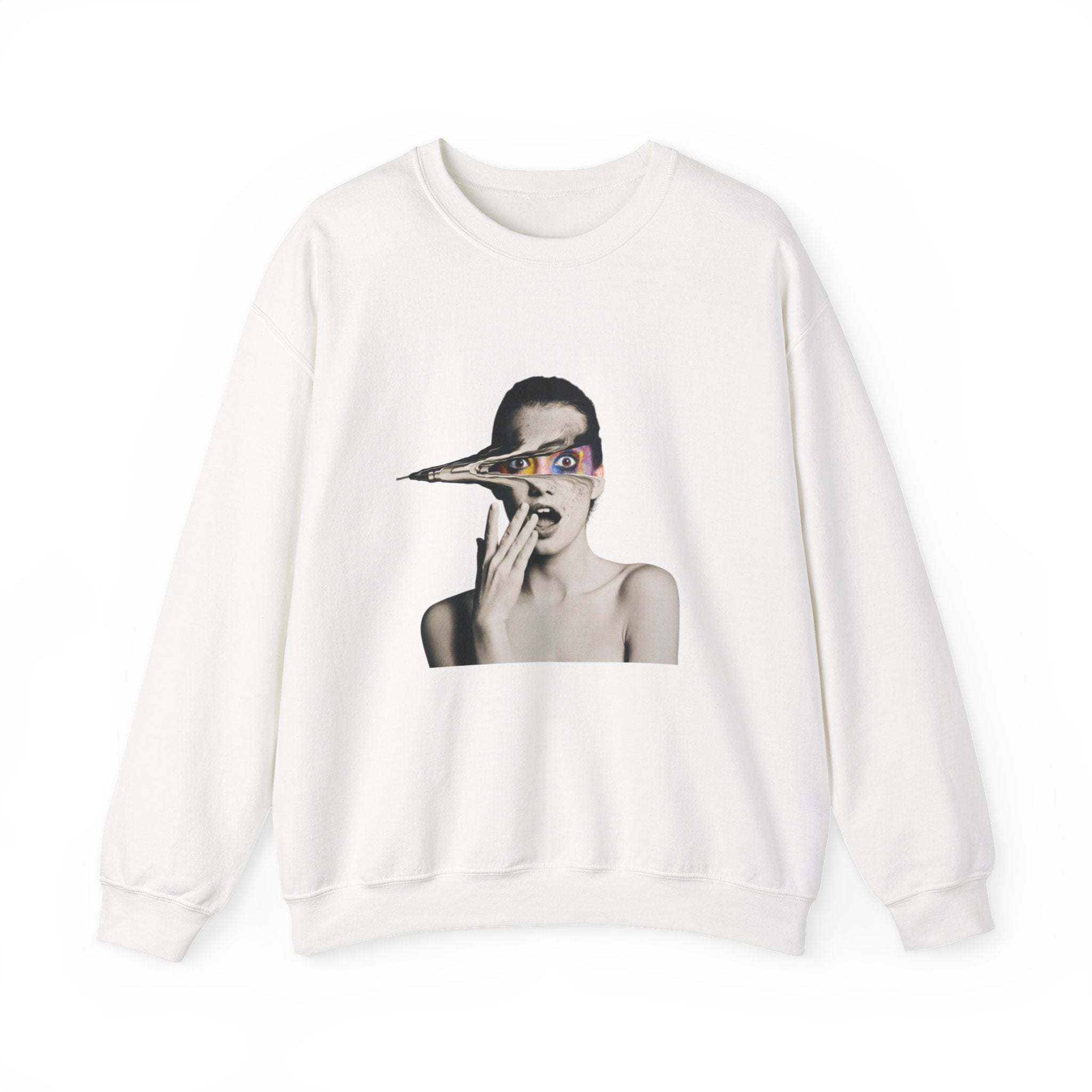 Surreal Woman Face Art Sweatshirt | Unisex Abstract Eye Graphic Tee | Modern Statement Shirt