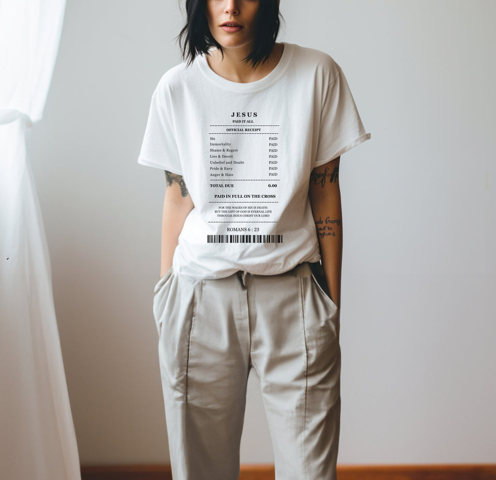 Jesus Receipt  Minimal T-Shirt — Faith-Based Scripture Tee (Romans 5:8)