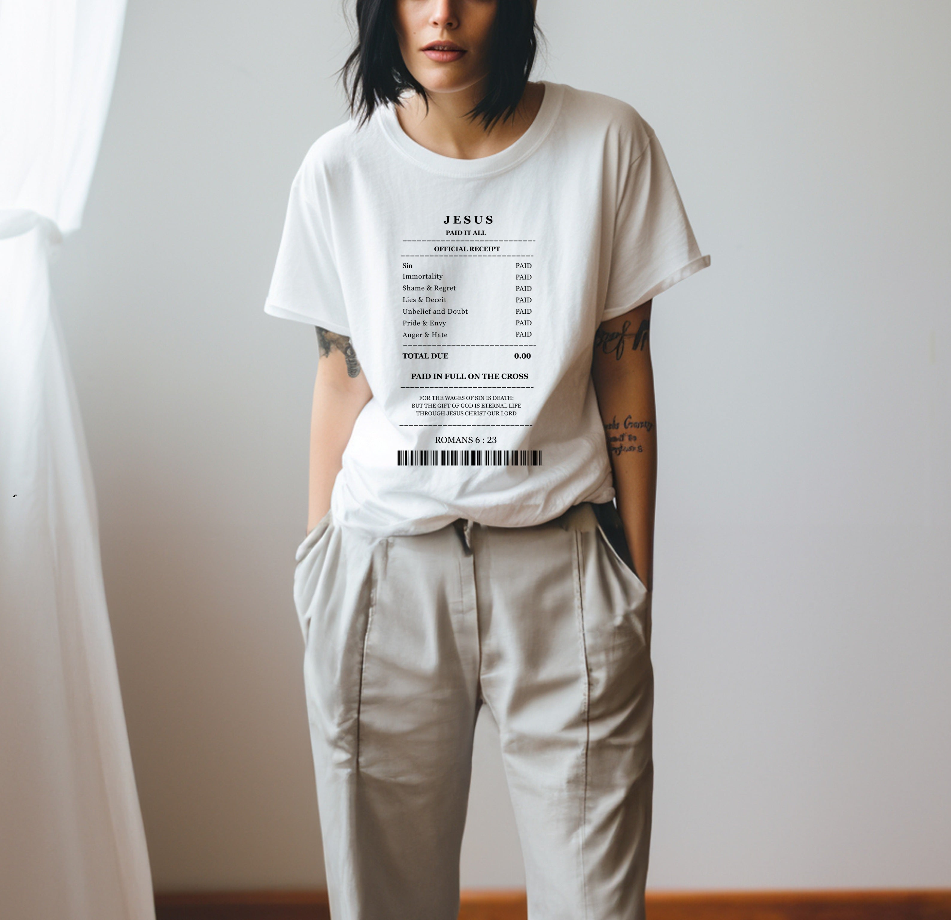 Jesus Receipt  Minimal T-Shirt — Faith-Based Scripture Tee (Romans 5:8)