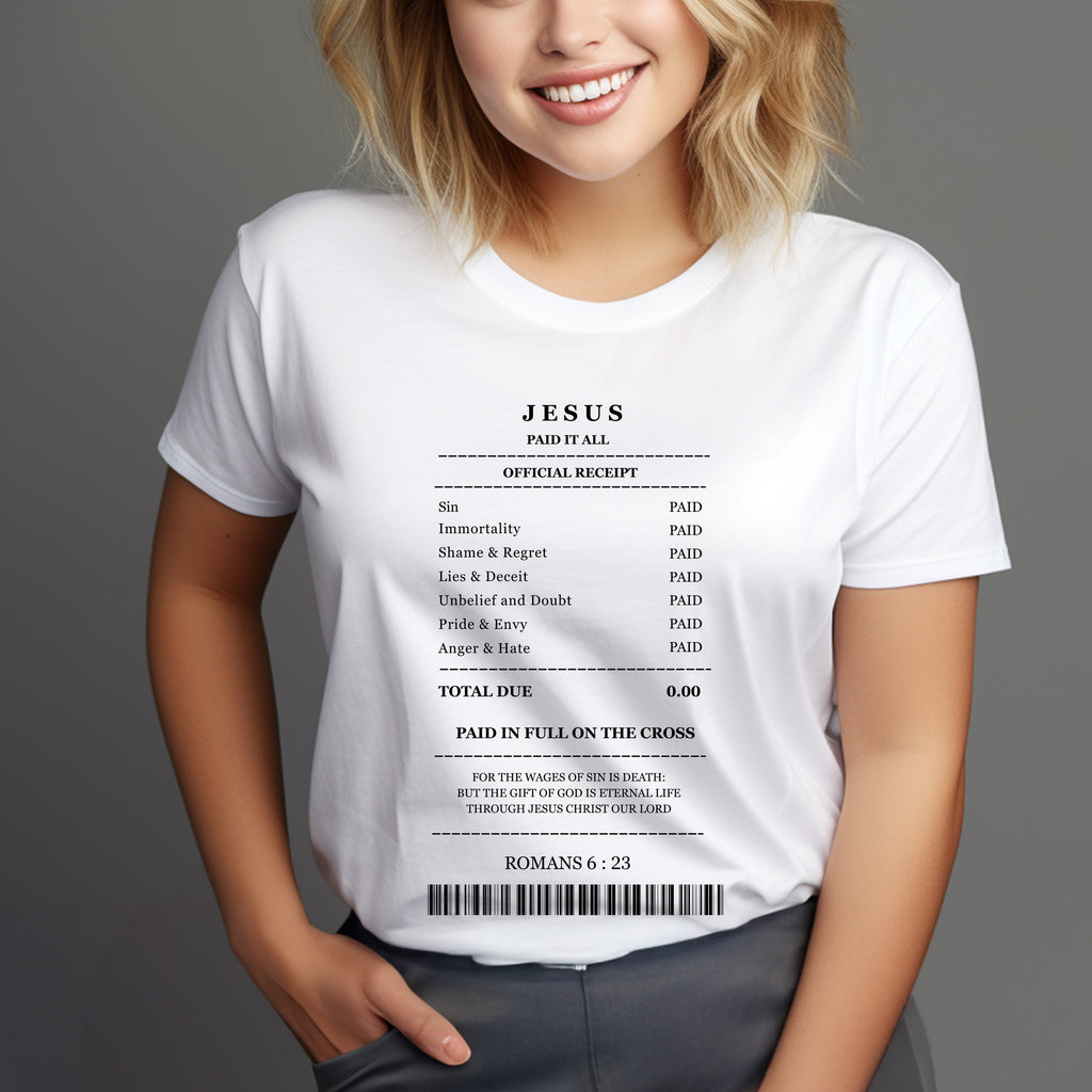 Jesus Receipt  Minimal T-Shirt — Faith-Based Scripture Tee (Romans 5:8)