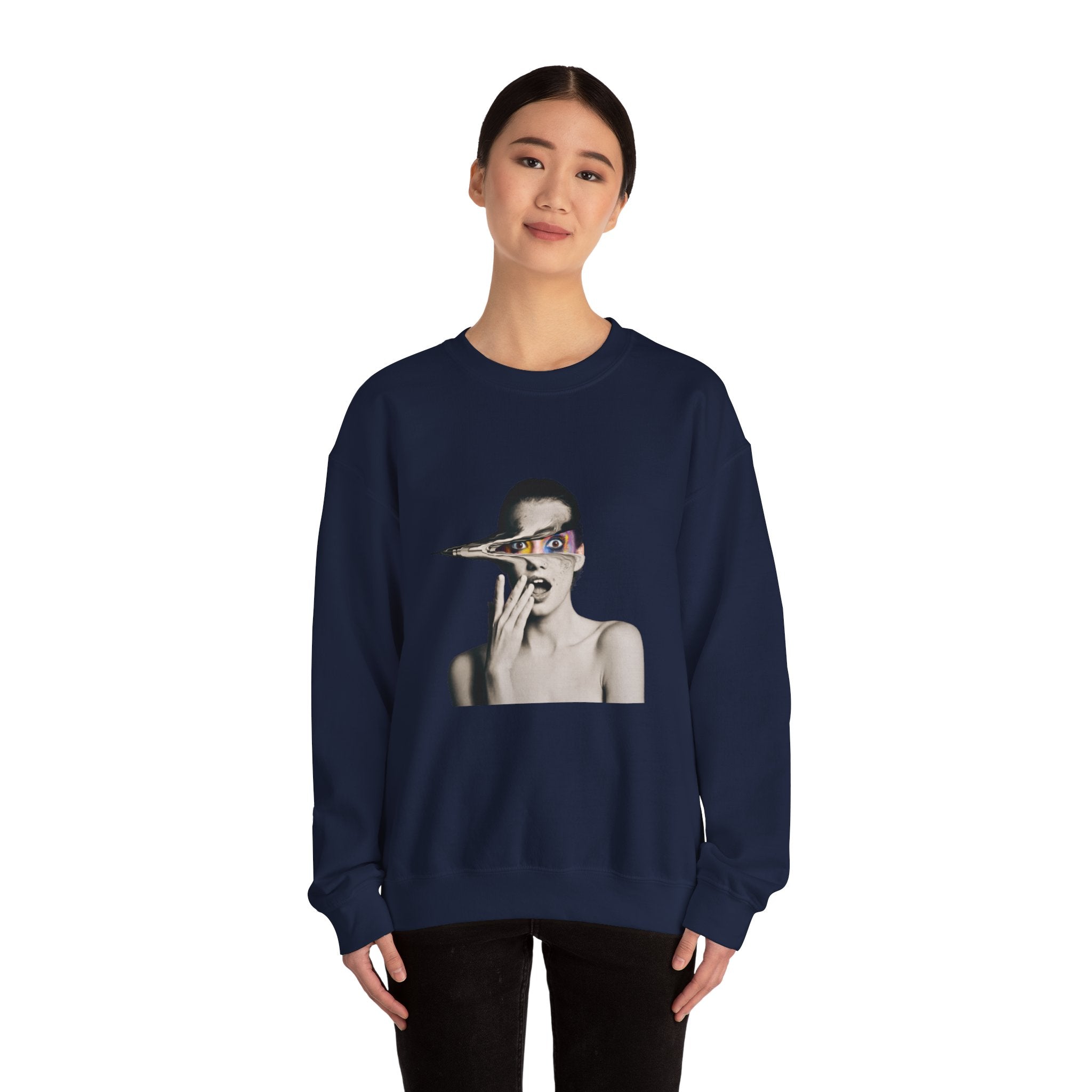 Surreal Woman Face Art Sweatshirt | Unisex Abstract Eye Graphic Tee | Modern Statement Shirt