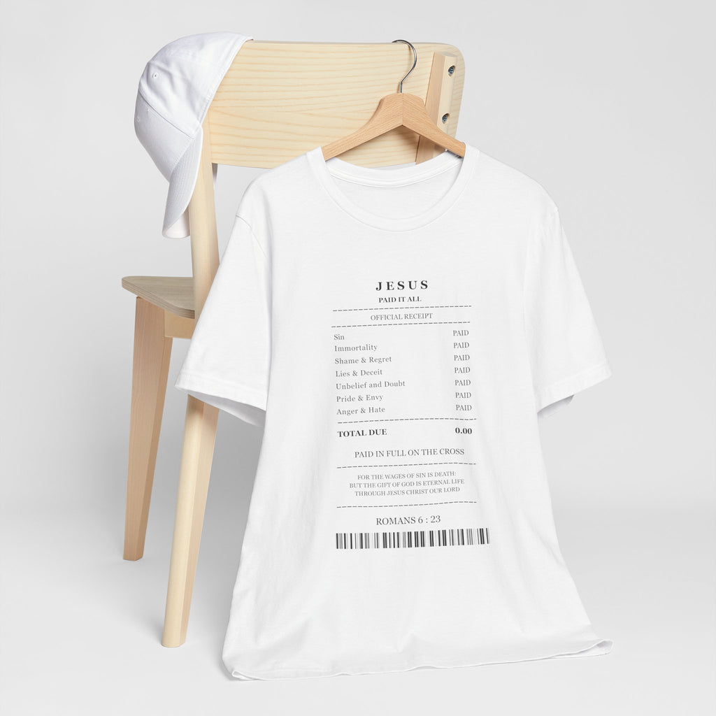 Jesus Receipt  Minimal T-Shirt — Faith-Based Scripture Tee (Romans 5:8)
